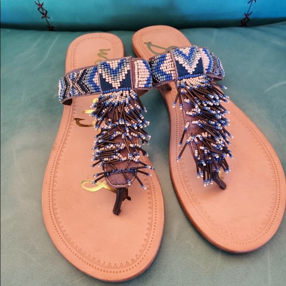 Sam Edelman blue and white beaded flip flops